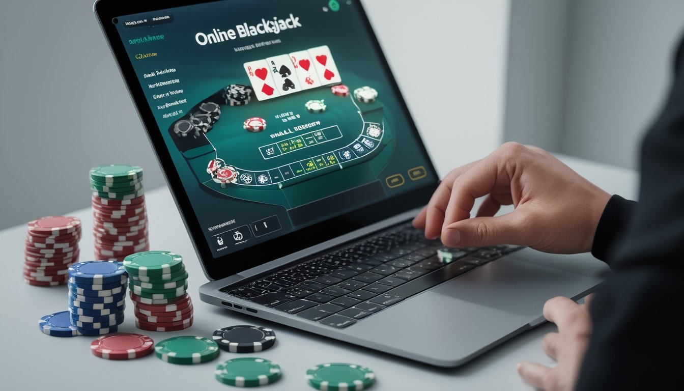 Seseorang bermain blackjack online di laptop dengan tumpukan chip taruhan kecil di meja.