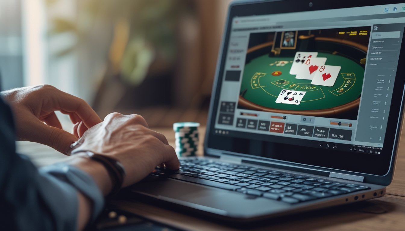 Tangan seseorang bermain blackjack online di depan layar laptop dengan kartu dan chip terlihat.
