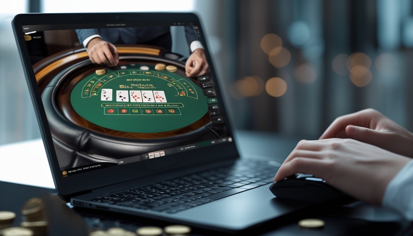 Seseorang sedang bermain blackjack online menggunakan komputer dengan kartu dan chip terlihat jelas di layar.
