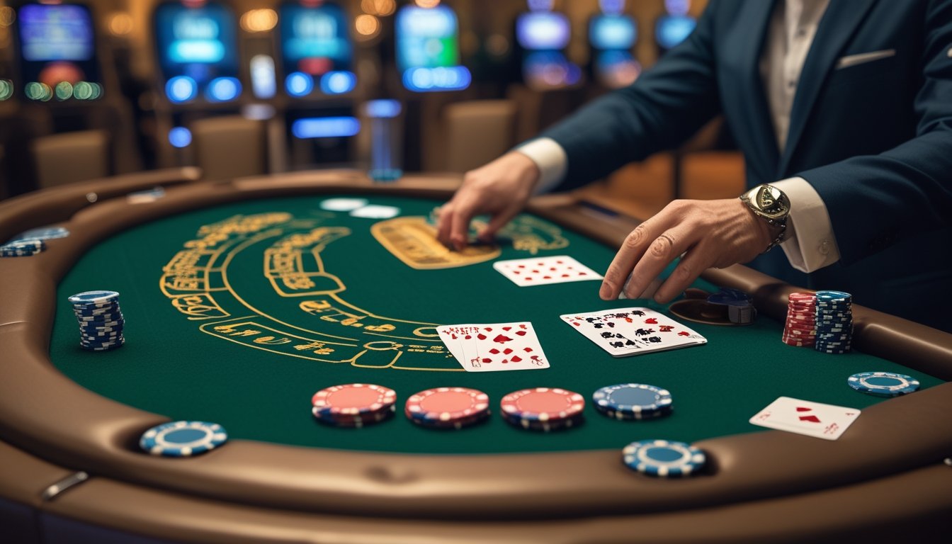 Meja blackjack di kasino dengan kartu dan chip poker tertata rapi, suasana hangat dan pencahayaan lembut.