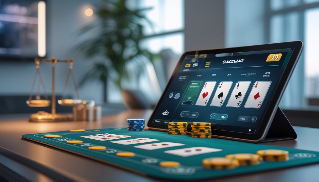 Tampilan meja blackjack online di layar komputer dengan kartu dan chip, menunjukkan suasana permainan yang adil dan terpercaya.