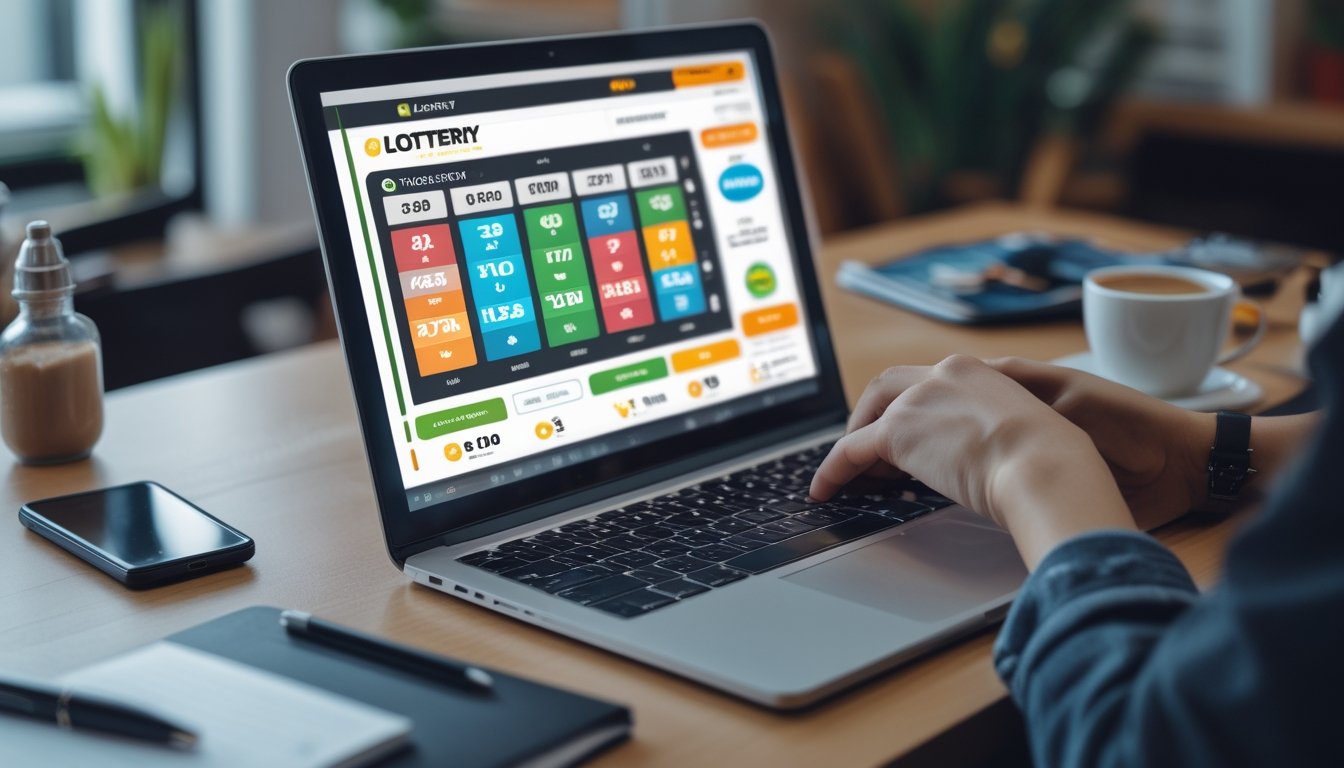 Seseorang menggunakan laptop di meja kerja dengan tampilan situs judi togel online, dikelilingi oleh ponsel, kopi, dan alat tulis.