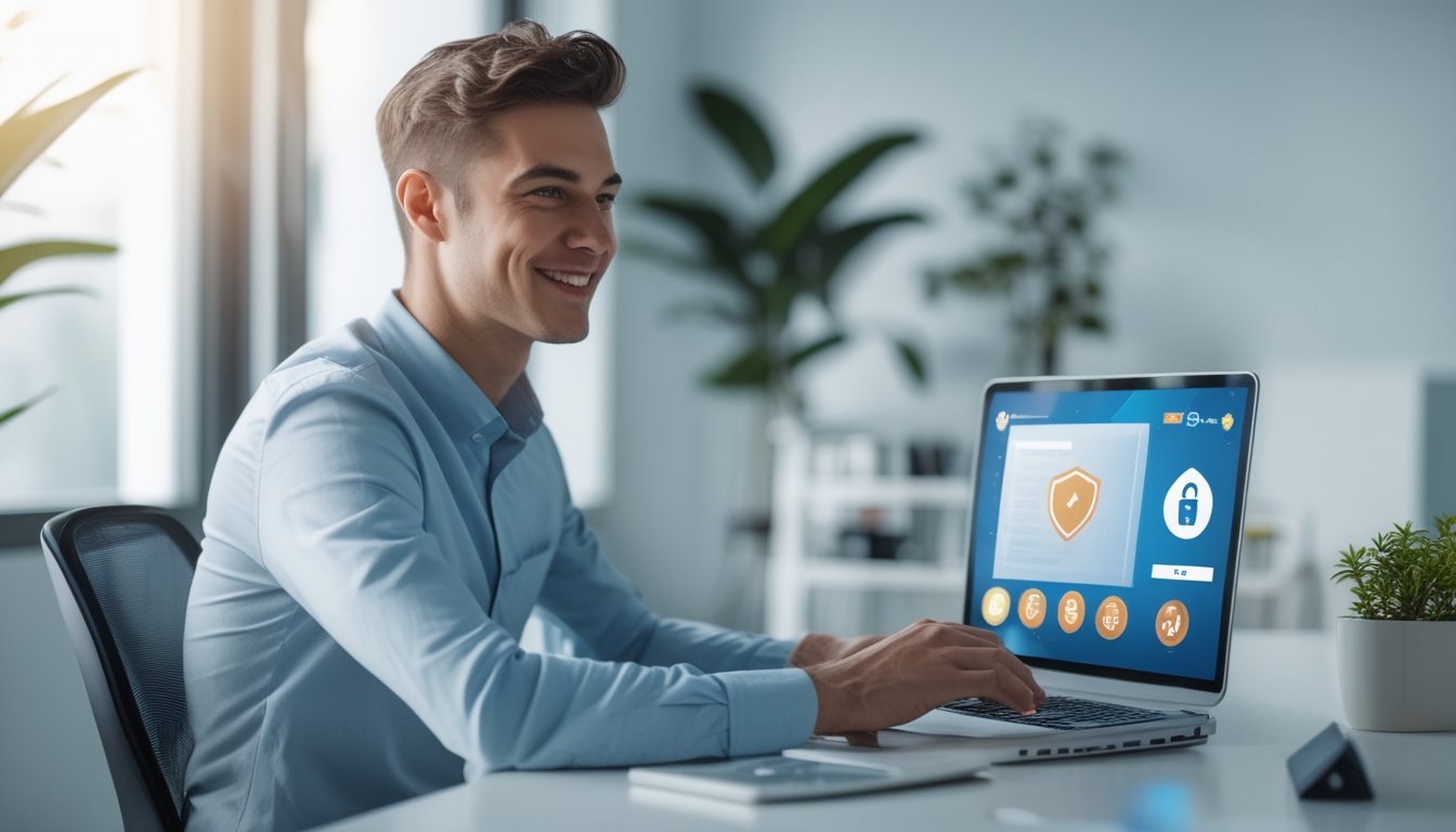 Seorang dewasa muda duduk di meja dengan laptop di kantor modern yang terang, tampak percaya diri dan puas saat menggunakan platform permainan online.