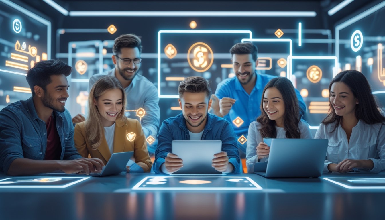 Sekelompok orang muda menggunakan perangkat digital dengan ekspresi antusias dalam suasana modern yang menggambarkan permainan lotere online.