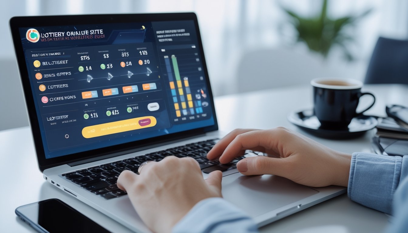Seseorang menggunakan laptop di meja kerja yang rapi dengan tampilan situs togel online di layar, dikelilingi oleh smartphone dan cangkir kopi.