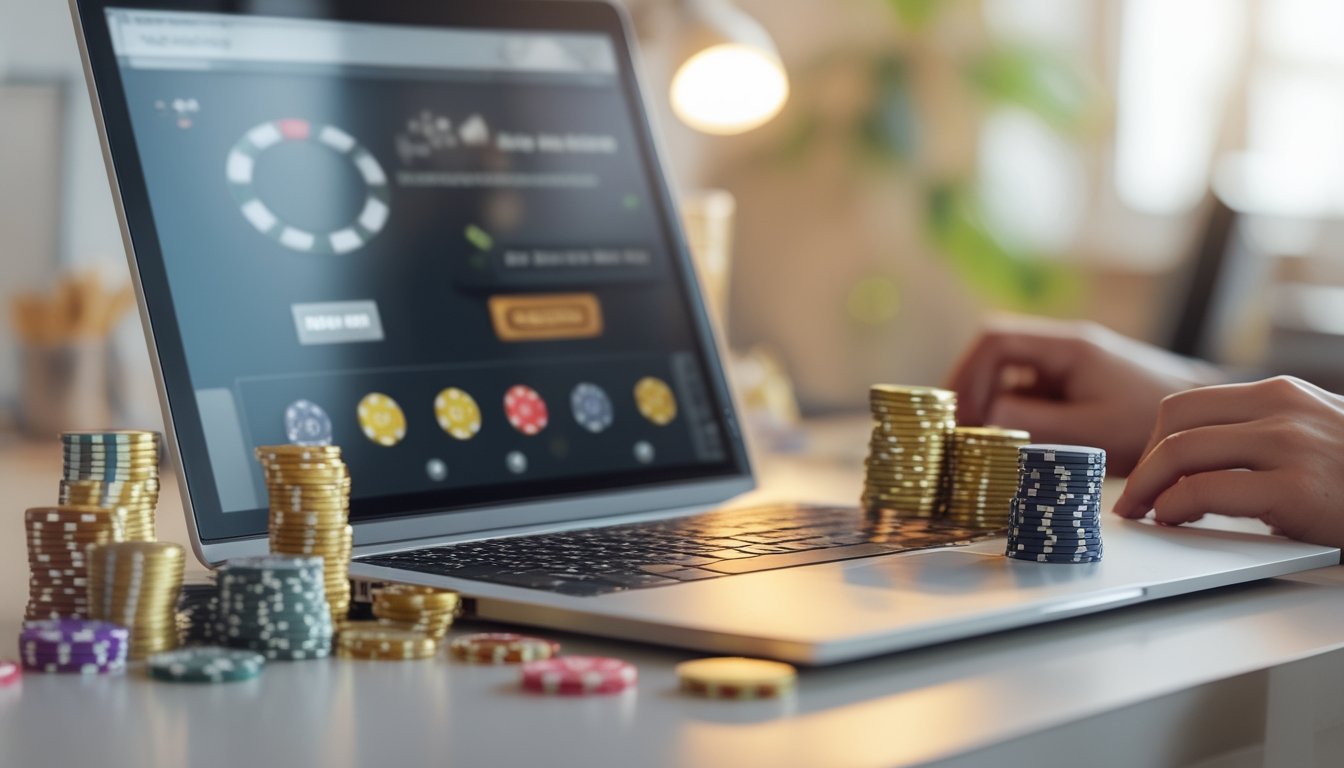Sebuah meja kerja dengan komputer yang menampilkan aktivitas judi online dan berbagai koin serta chip warna-warni di sekitarnya.