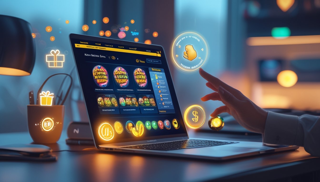 Meja kerja modern dengan laptop yang menampilkan situs permainan togel online, dikelilingi simbol hadiah dan suasana yang ramah untuk pemula.