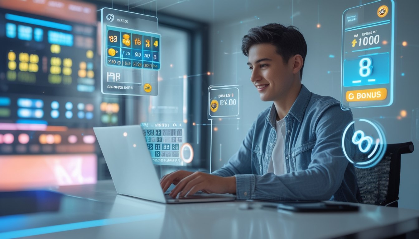 Seorang dewasa muda sedang menggunakan laptop di meja modern dengan layar digital mengambang yang menampilkan angka togel dan ikon bonus.