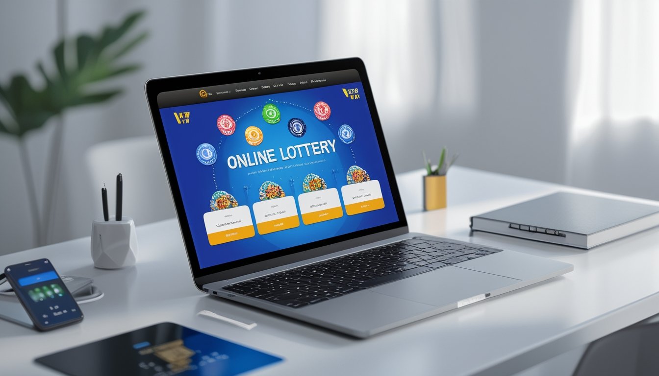 Sebuah ruang kerja modern dengan laptop yang menampilkan antarmuka situs togel online, dikelilingi oleh smartphone, kartu kredit, dan buku catatan di atas meja.