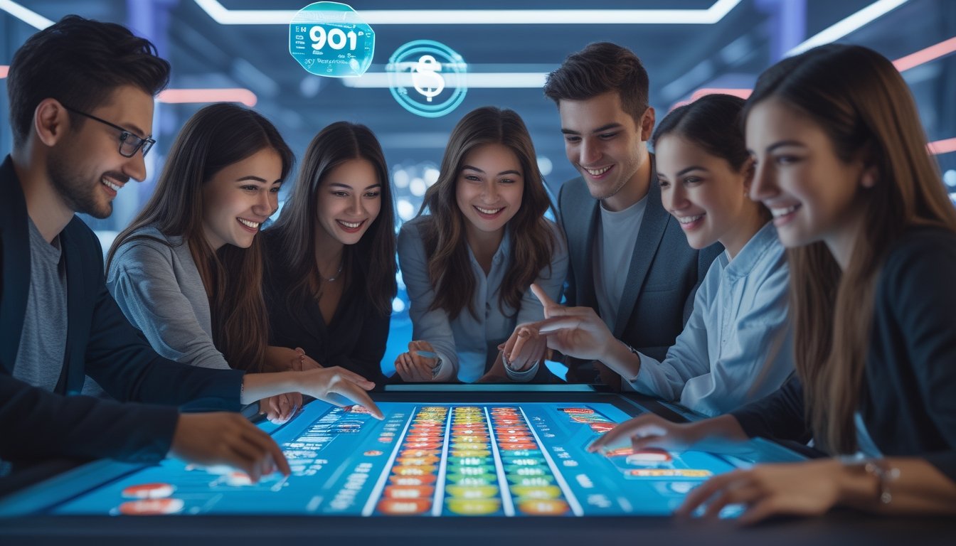 Sekelompok orang muda sedang berkumpul di sekitar meja digital dengan tampilan angka lotere dan chip warna-warni di ruangan futuristik yang terang.