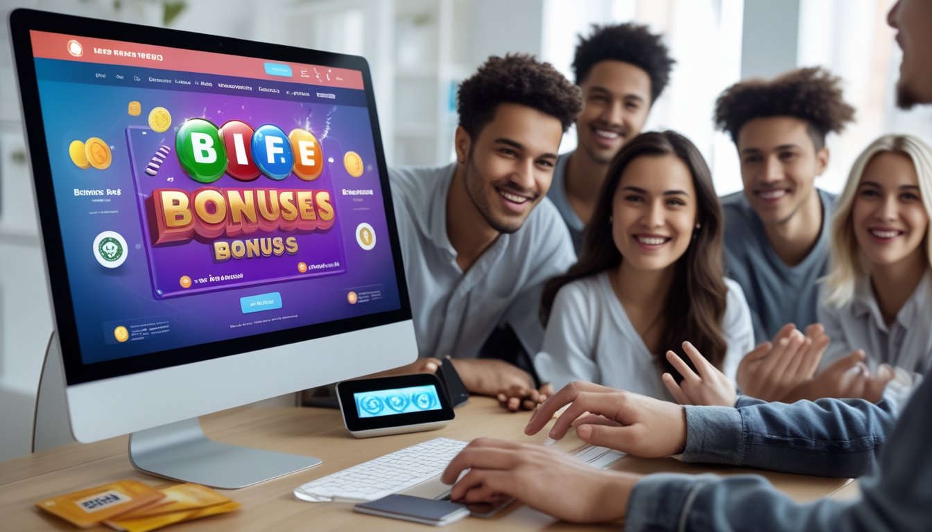Sekelompok orang muda tersenyum dan melihat layar komputer yang menampilkan situs judi online dengan ikon bonus dan promosi.