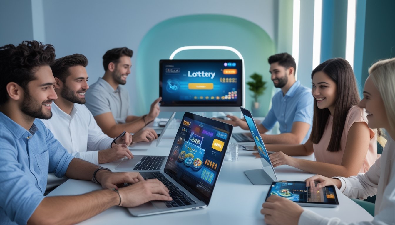 Beberapa orang muda menggunakan perangkat digital di ruangan modern dengan tampilan antarmuka lotere online yang berwarna-warni.