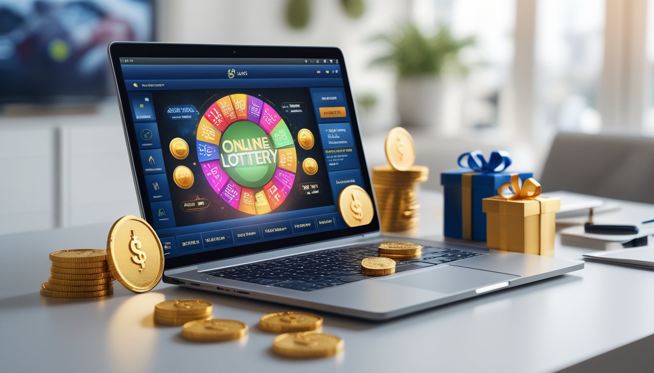Meja kerja dengan laptop yang menampilkan situs togel online, dikelilingi oleh koin emas dan simbol diskon.