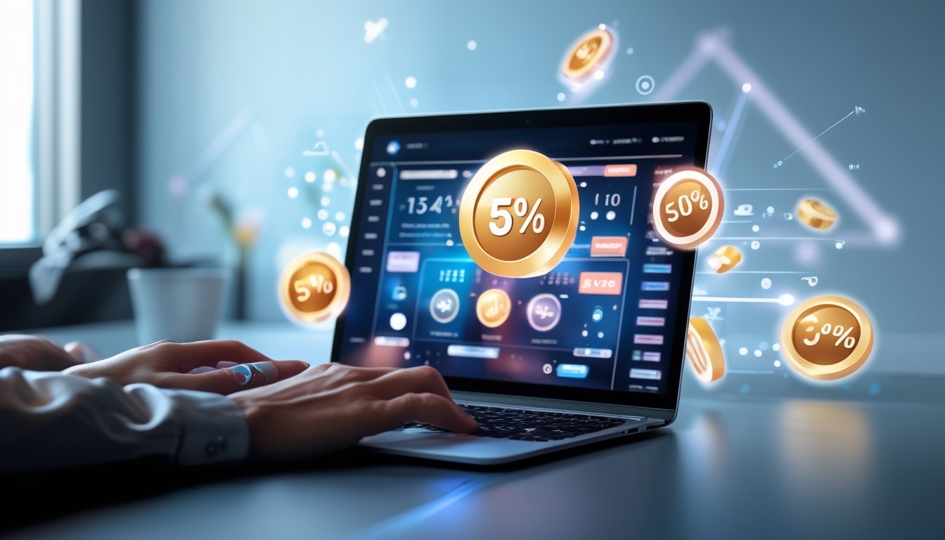 Seorang pengguna sedang bekerja dengan laptop yang menampilkan antarmuka digital abstrak terkait situs togel online dengan simbol bonus dan diskon di sekitarnya.