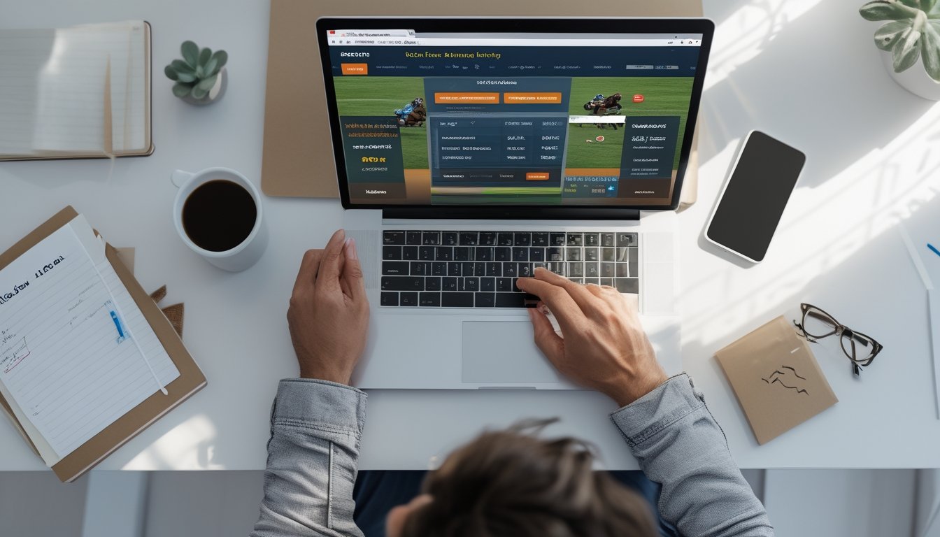 Seseorang duduk di meja dengan laptop dan ponsel, sedang menggunakan situs judi balap kuda online dengan suasana kerja yang rapi dan terang.