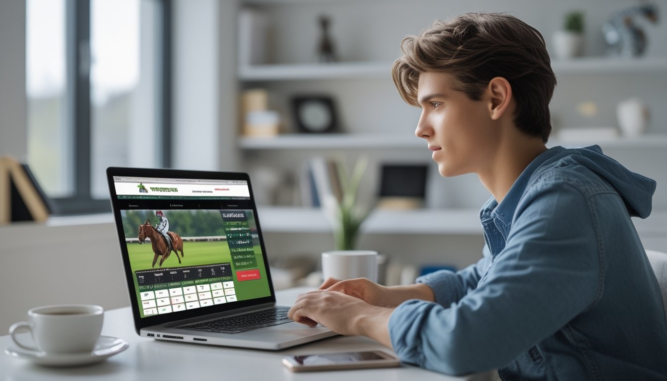 Seorang pemuda duduk di meja kerja dengan laptop yang menampilkan situs balap kuda online, di sekitarnya terdapat cangkir kopi, buku catatan, dan ponsel.