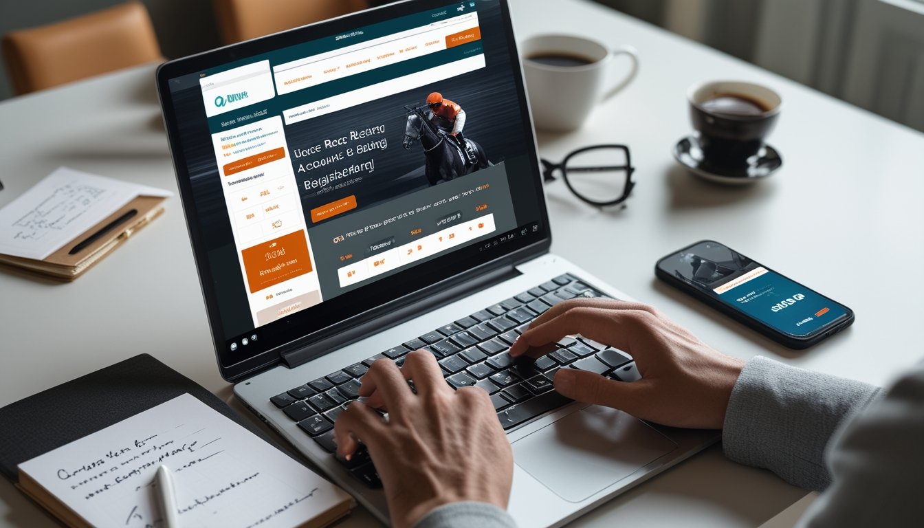 Seseorang sedang menggunakan laptop dan smartphone di meja kerja untuk mendaftar akun judi balap kuda secara online.