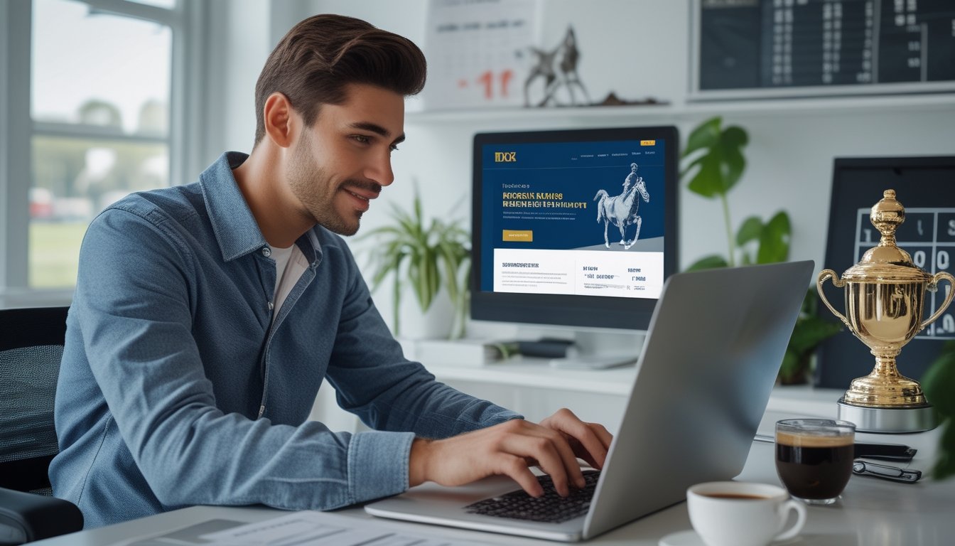 Seorang pria muda duduk di meja dengan laptop, fokus mendaftar akun judi balap kuda dalam ruangan kantor yang terang dan rapi.