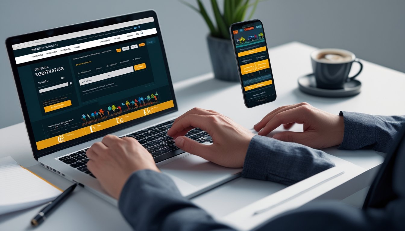 Seseorang sedang mengetik di laptop dengan aplikasi balap kuda online terbuka di layar, di atas meja terdapat ponsel, kopi, dan alat tulis.