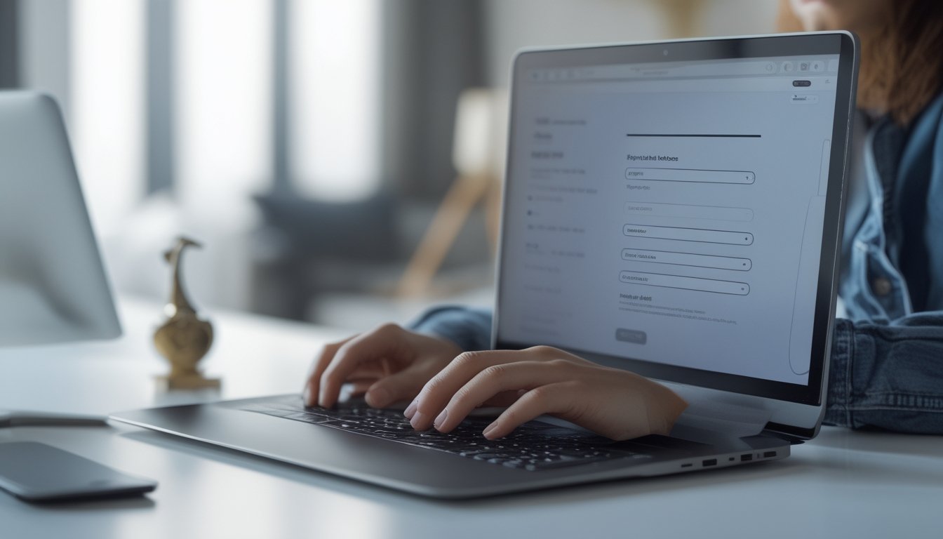 Seseorang menggunakan laptop di meja kerja untuk mendaftar akun judi balap kuda online terpercaya.