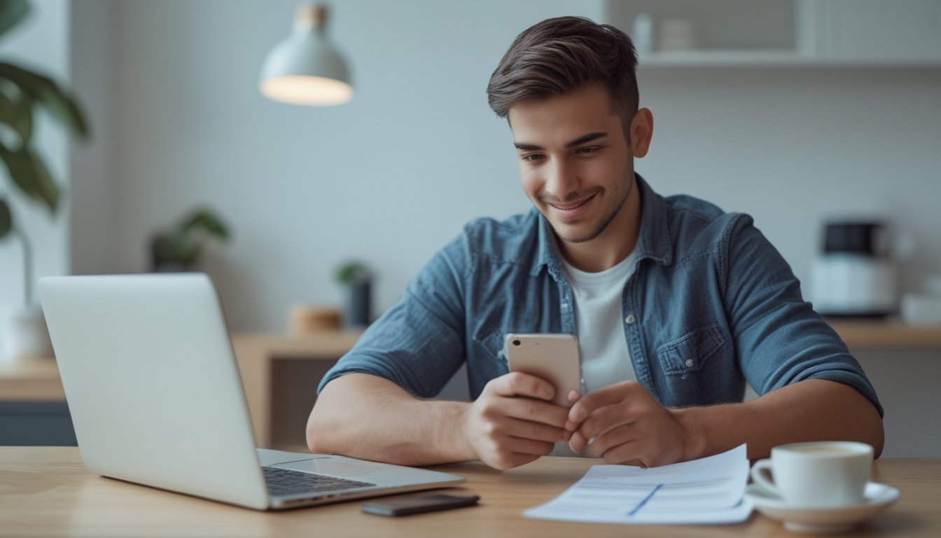 Seorang dewasa muda menggunakan ponsel Android di meja yang rapi dengan laptop dan kopi, sedang mendaftar untuk judi balap kuda secara online.