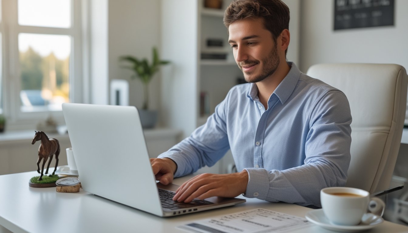 Seorang pemula duduk di meja dengan laptop, mendaftar judi balap kuda online dalam suasana rumah yang rapi dan terang.