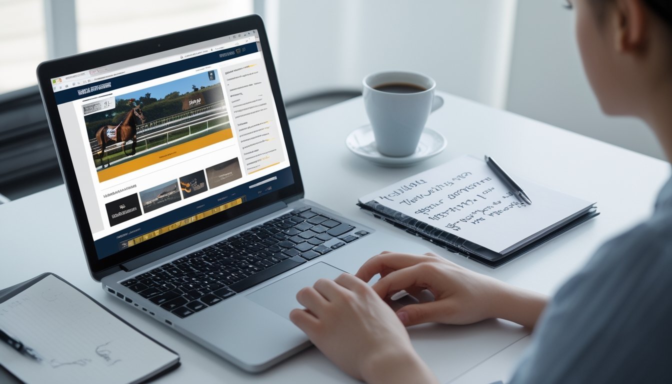 Meja kerja dengan laptop yang menampilkan situs balap kuda, tangan mengetik di keyboard, buku catatan dengan pena, dan secangkir kopi di sampingnya.