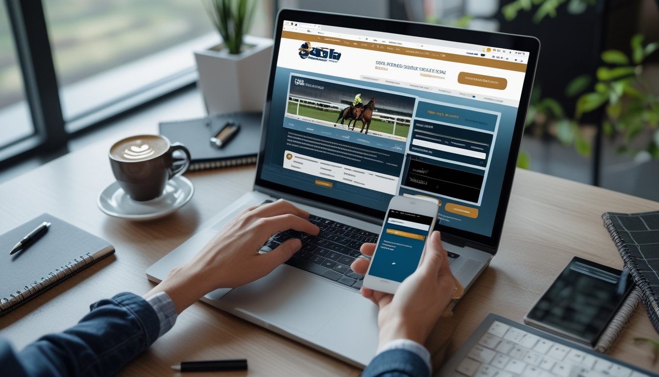Seseorang sedang menggunakan laptop dan ponsel untuk mendaftar judi balap kuda online di meja kerja dengan cahaya alami.