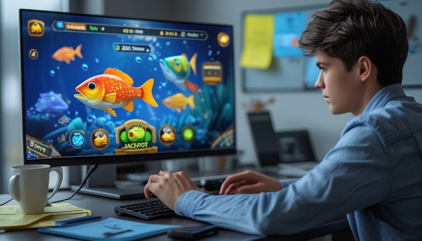 Seseorang duduk di depan komputer yang menampilkan permainan tembak ikan online dengan grafik warna-warni, terlihat fokus dan sedang merencanakan strategi.