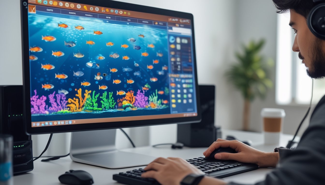 Seorang pemain sedang bermain game tembak ikan online di depan komputer dengan layar penuh warna dan berbagai ikan animasi, di ruang permainan yang rapi dan terang.