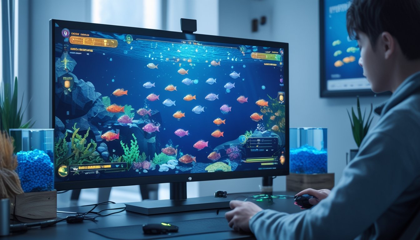 Seorang pemain sedang fokus bermain game tembak ikan dengan layar komputer menampilkan ikan-ikan berwarna-warni yang bergerak di latar bawah laut.
