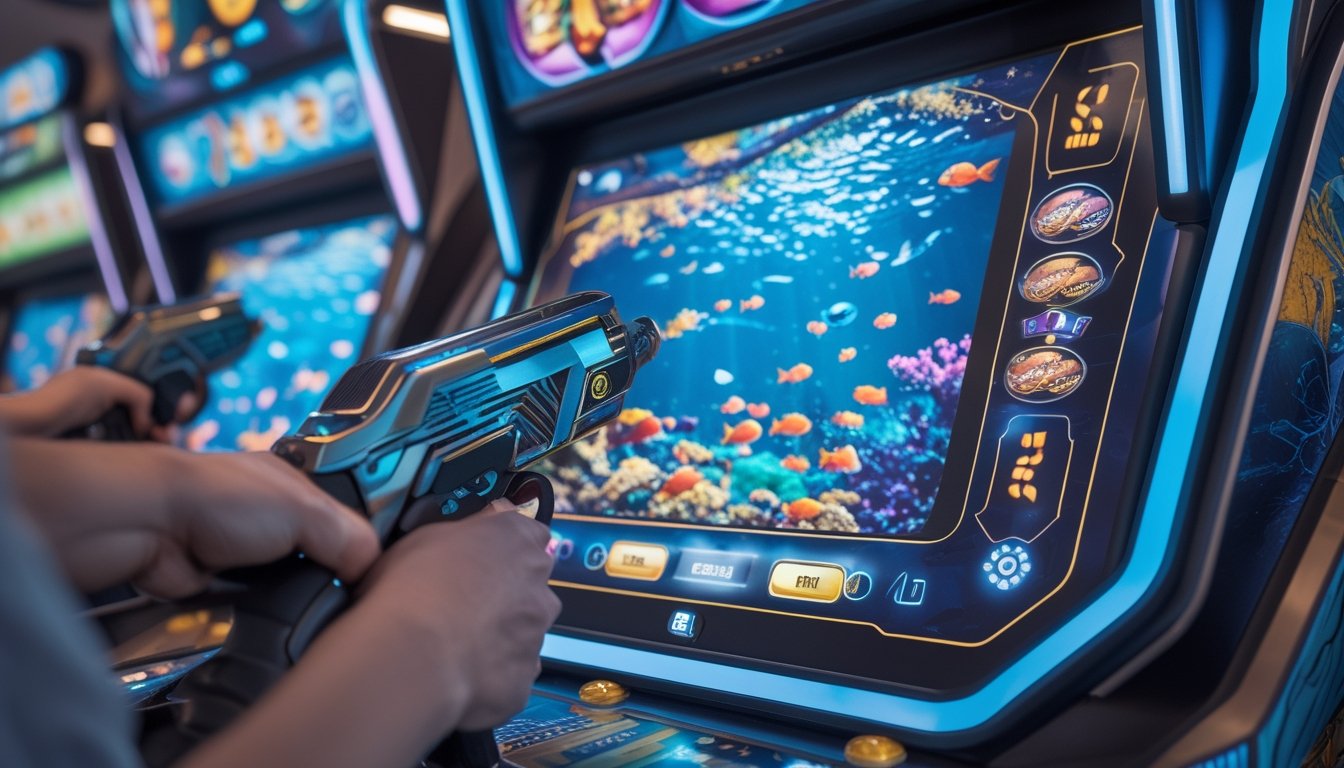 Tangan pemain memegang kontroler tembak ikan menghadap layar dengan gambar ikan berwarna-warni dan elemen permainan slot online di latar belakang.