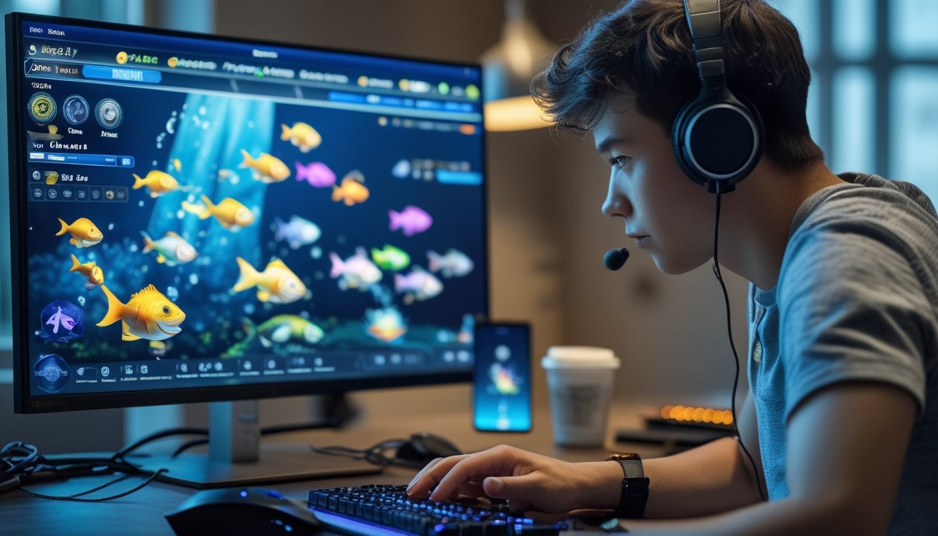 Seorang dewasa muda fokus bermain permainan tembak ikan online di depan komputer dengan latar ruang kerja modern.