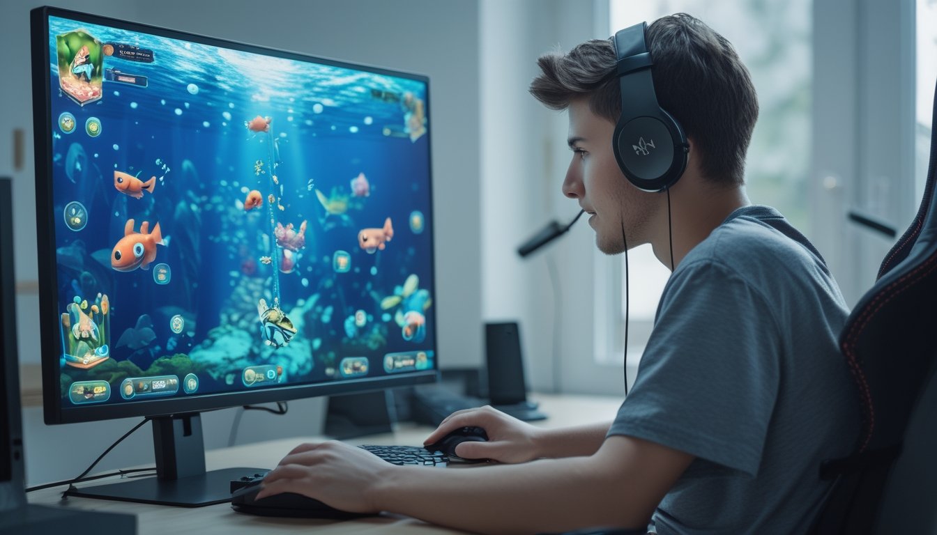 Seorang pemain muda fokus bermain permainan tembak ikan online di depan komputer dengan layar menampilkan berbagai ikan berwarna-warni dalam permainan.