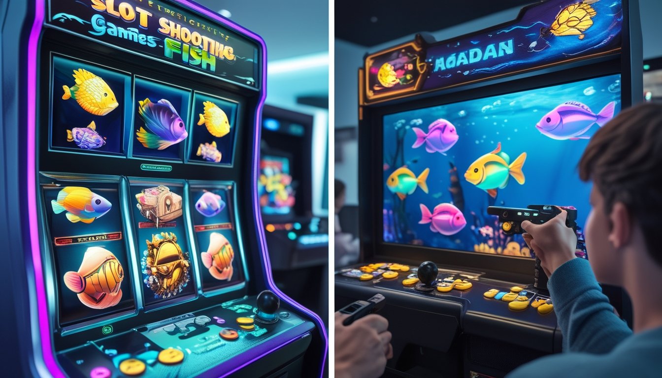 Gambar yang menunjukkan perbedaan antara permainan slot tembak ikan dan permainan arcade tembak ikan dengan dua sisi berbeda, satu menampilkan mesin slot dan satu menampilkan mesin arcade dengan layar ikan.