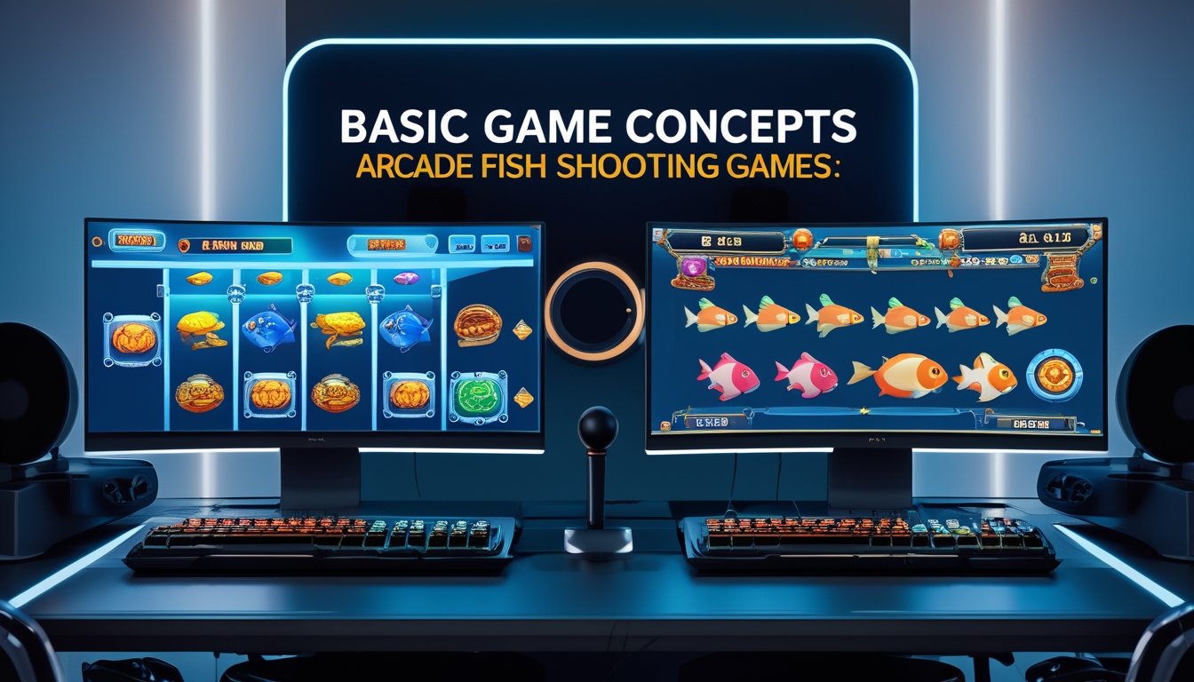 Dua layar permainan berdampingan menunjukkan perbedaan antara game slot tembak ikan dan game arcade tembak ikan dalam sebuah ruangan gaming modern.