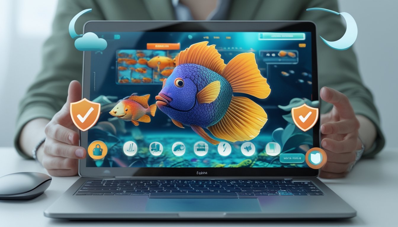 Seseorang menggunakan laptop dengan tampilan permainan ikan tembak di layar dalam suasana kerja yang rapi dan terang.