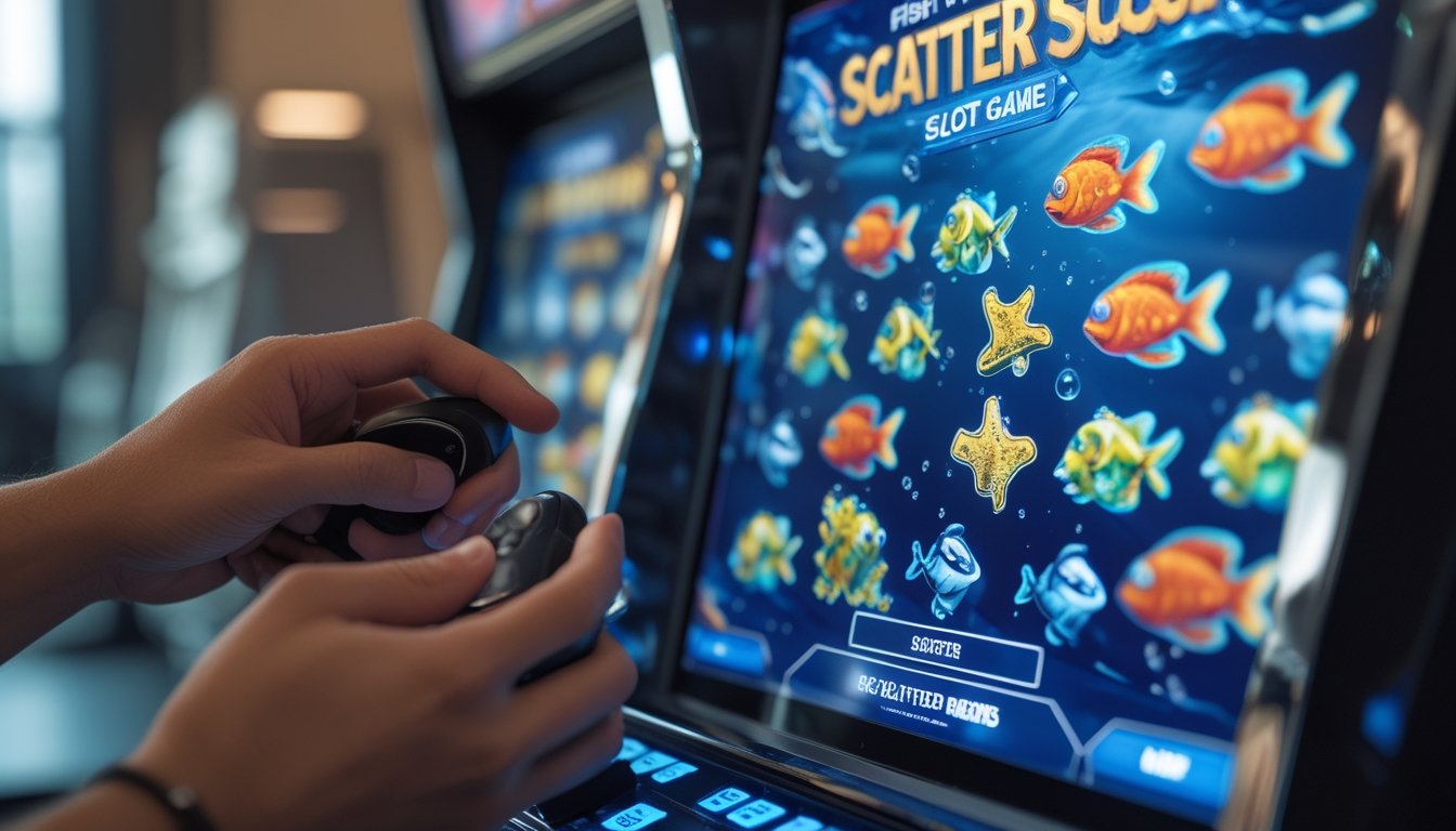 Seseorang bermain mesin slot tembak ikan dengan gambar ikan berwarna-warni di layar, fokus pada tangan yang mengoperasikan kontrol permainan.