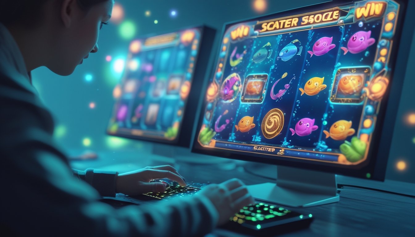 Seorang pemain sedang menggunakan perangkat game dengan layar menampilkan permainan slot bertema bawah laut dengan ikan dan simbol scatter.