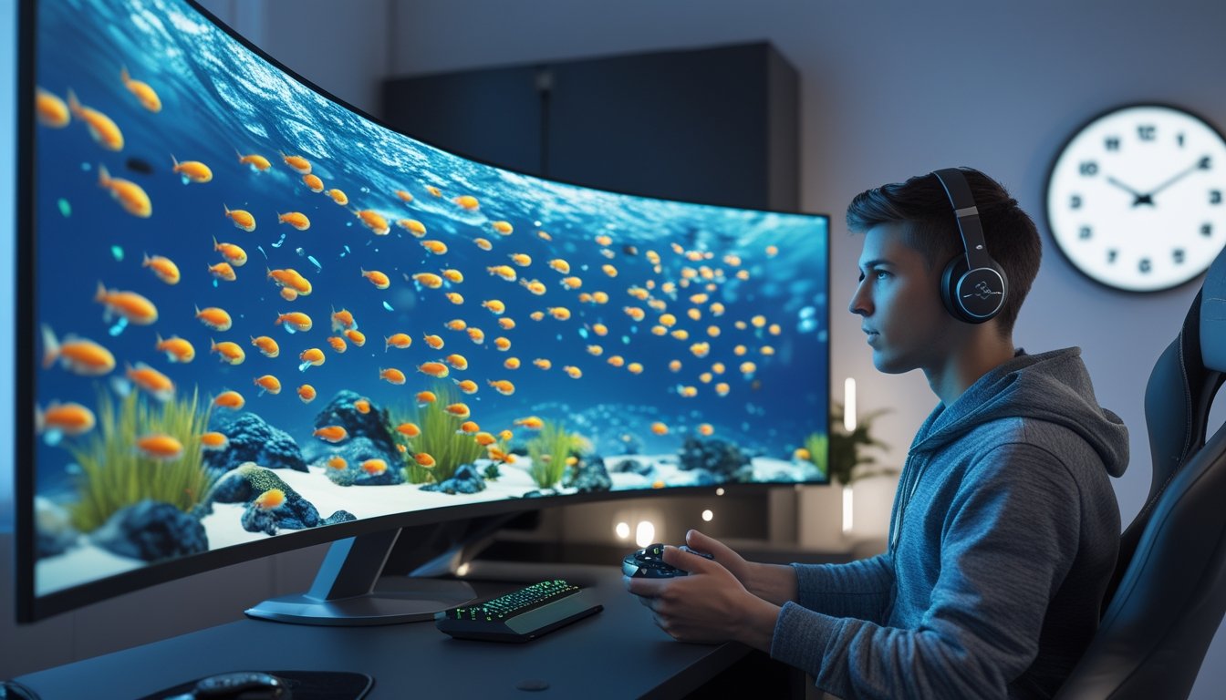 Seorang dewasa muda sedang bermain game menembak ikan online di depan monitor besar dengan suasana ruangan yang terang dan nyaman.