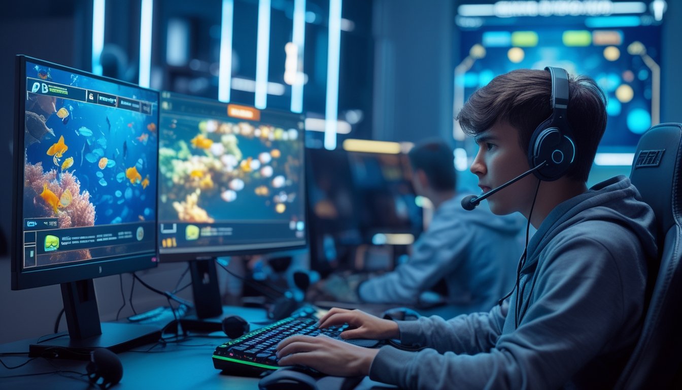 Seorang pemain muda fokus bermain permainan tembak ikan online dengan layar komputer yang menampilkan ikan berwarna-warni dan suasana gaming yang modern.
