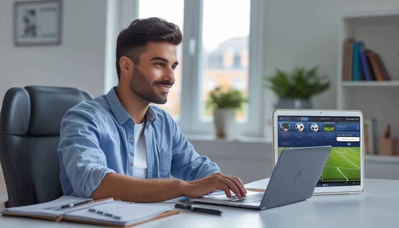 Seorang pria muda duduk di meja dengan laptop dan smartphone, fokus belajar tentang judi bola online di ruang kerja yang terang dan rapi.