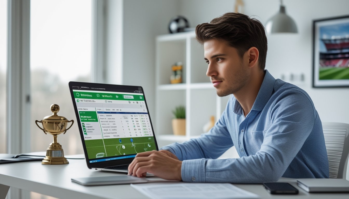 Seorang pria muda duduk di meja dengan laptop yang menampilkan situs taruhan bola online, dikelilingi catatan dan ponsel di ruangan yang terang dan rapi.