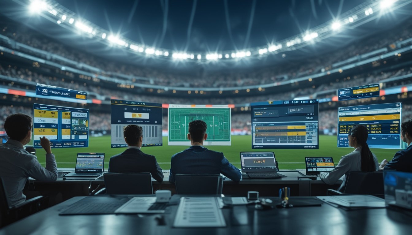Sejumlah orang sedang menganalisis statistik dan data taruhan sepak bola dengan layar digital di latar depan dan stadion sepak bola penuh penonton di latar belakang.