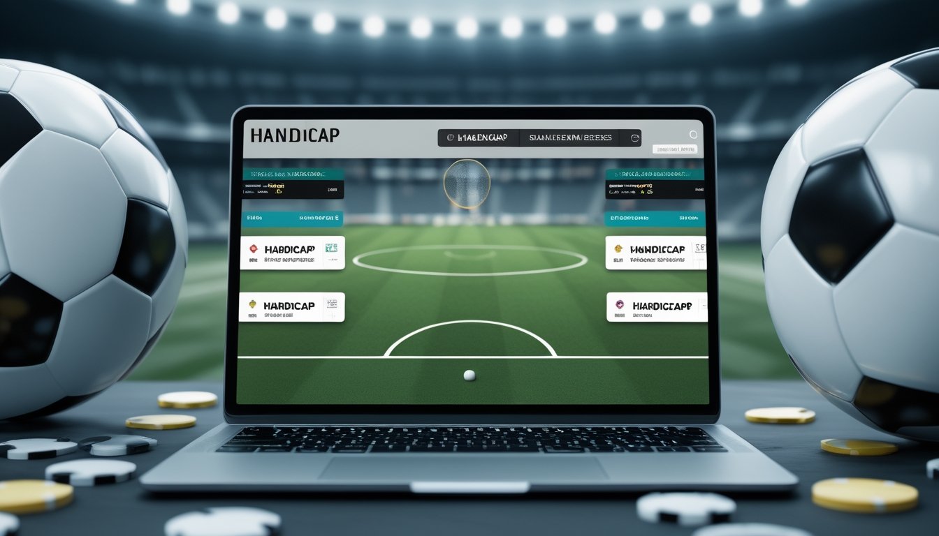 Sebuah laptop dengan tampilan taruhan sepak bola handicap, bola sepak di sampingnya, dan latar belakang stadion olahraga.