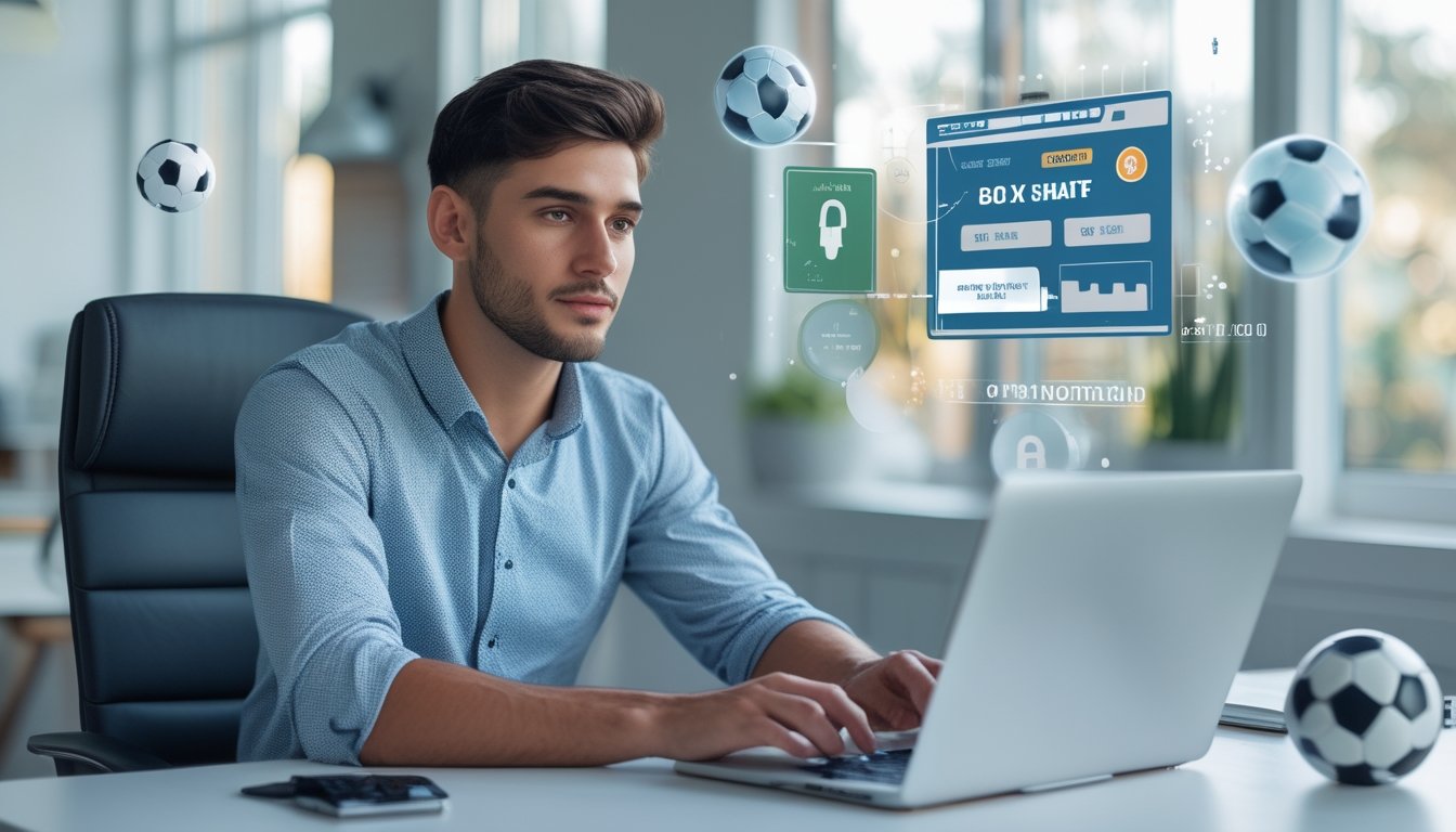 Seorang pria muda duduk di meja dengan laptop, dikelilingi oleh elemen digital yang terkait dengan taruhan bola online yang aman dan terpercaya.
