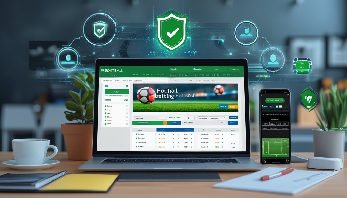 Seorang pria menggunakan laptop di meja kantor dengan tampilan situs judi bola online, dikelilingi simbol keamanan seperti gembok dan tanda centang hijau.
