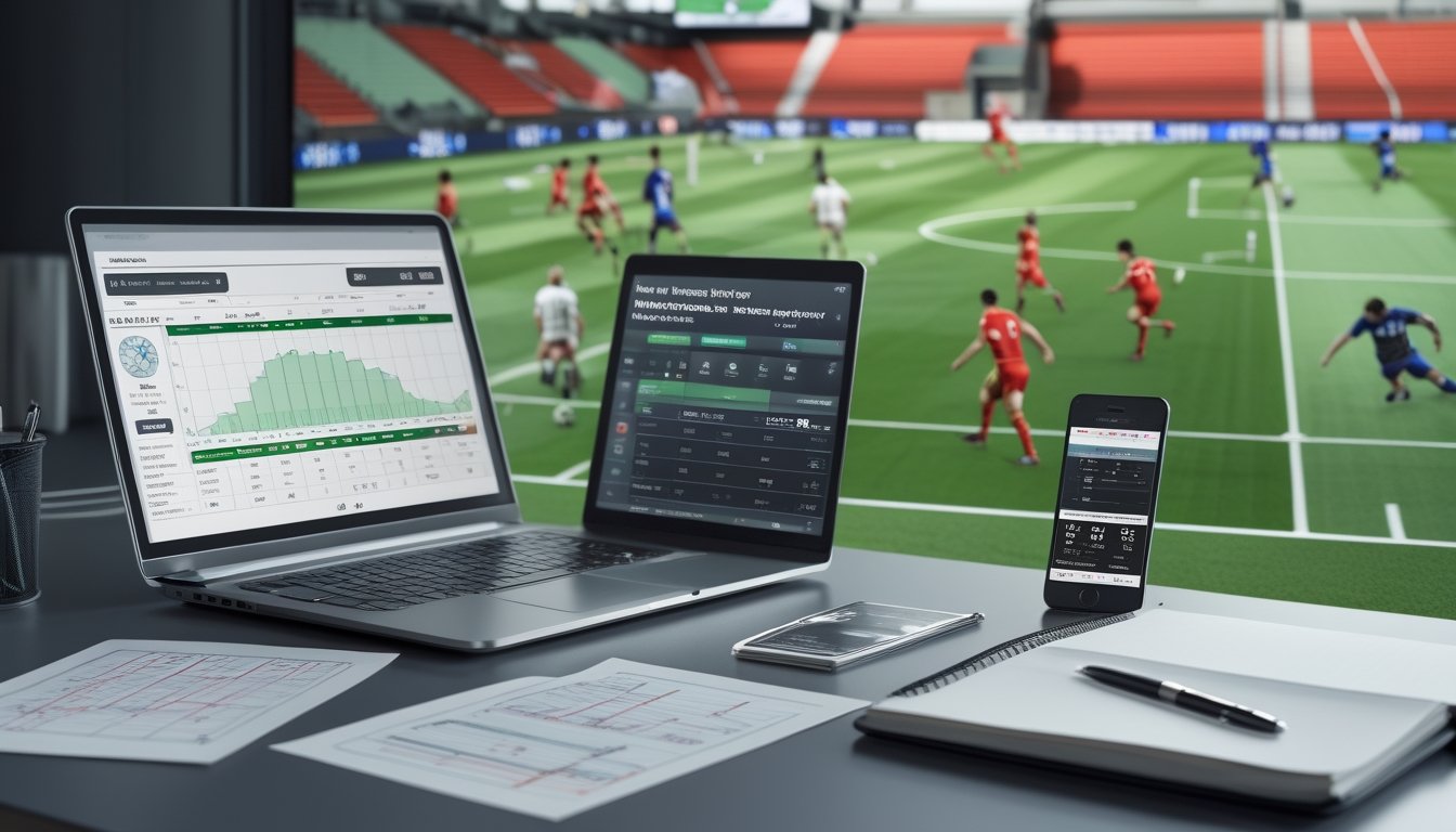 Meja kerja dengan laptop yang menampilkan statistik sepak bola, laporan pertandingan, catatan taktik, dan layar besar yang menunjukkan pertandingan sepak bola dengan overlay strategis.