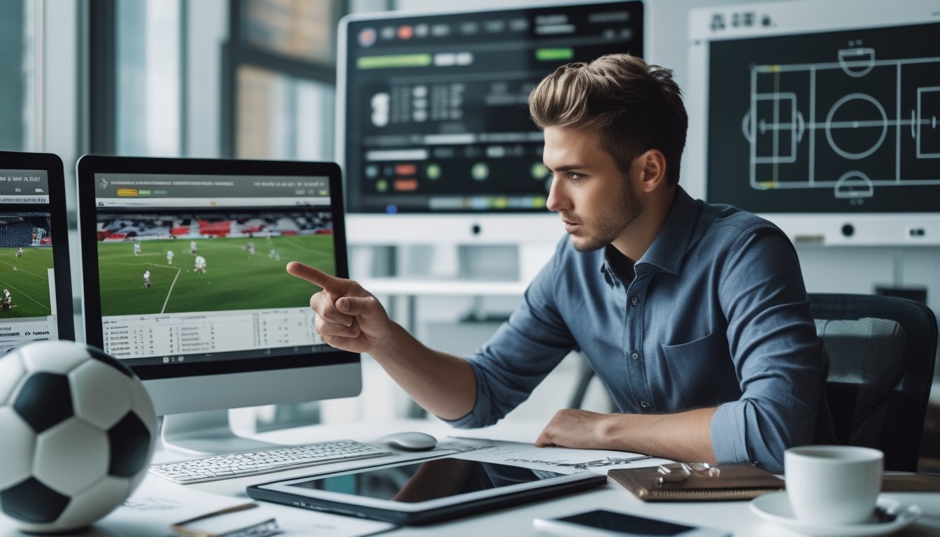 Seorang analis sepak bola sedang bekerja di depan beberapa layar komputer yang menampilkan statistik dan taktik pertandingan sepak bola dalam sebuah kantor modern.