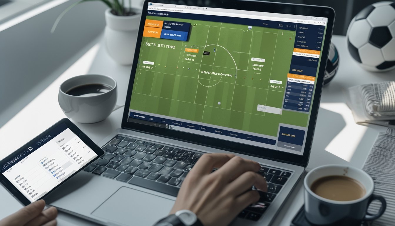 Meja kerja dengan laptop yang menampilkan situs taruhan sepak bola, bola sepak di samping, dan tablet digital yang menunjukkan peluang taruhan.